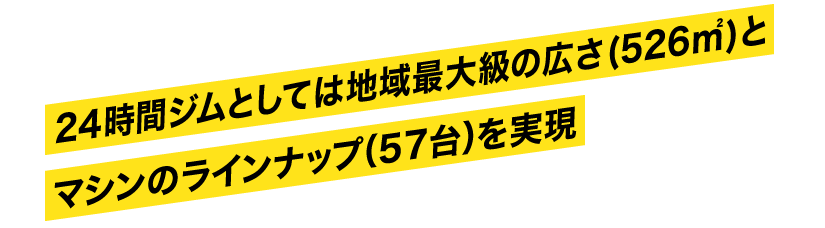 24時間ジムとしては地域最大級の広さ（526㎡）とマシンのラインナップ（57台）を実現